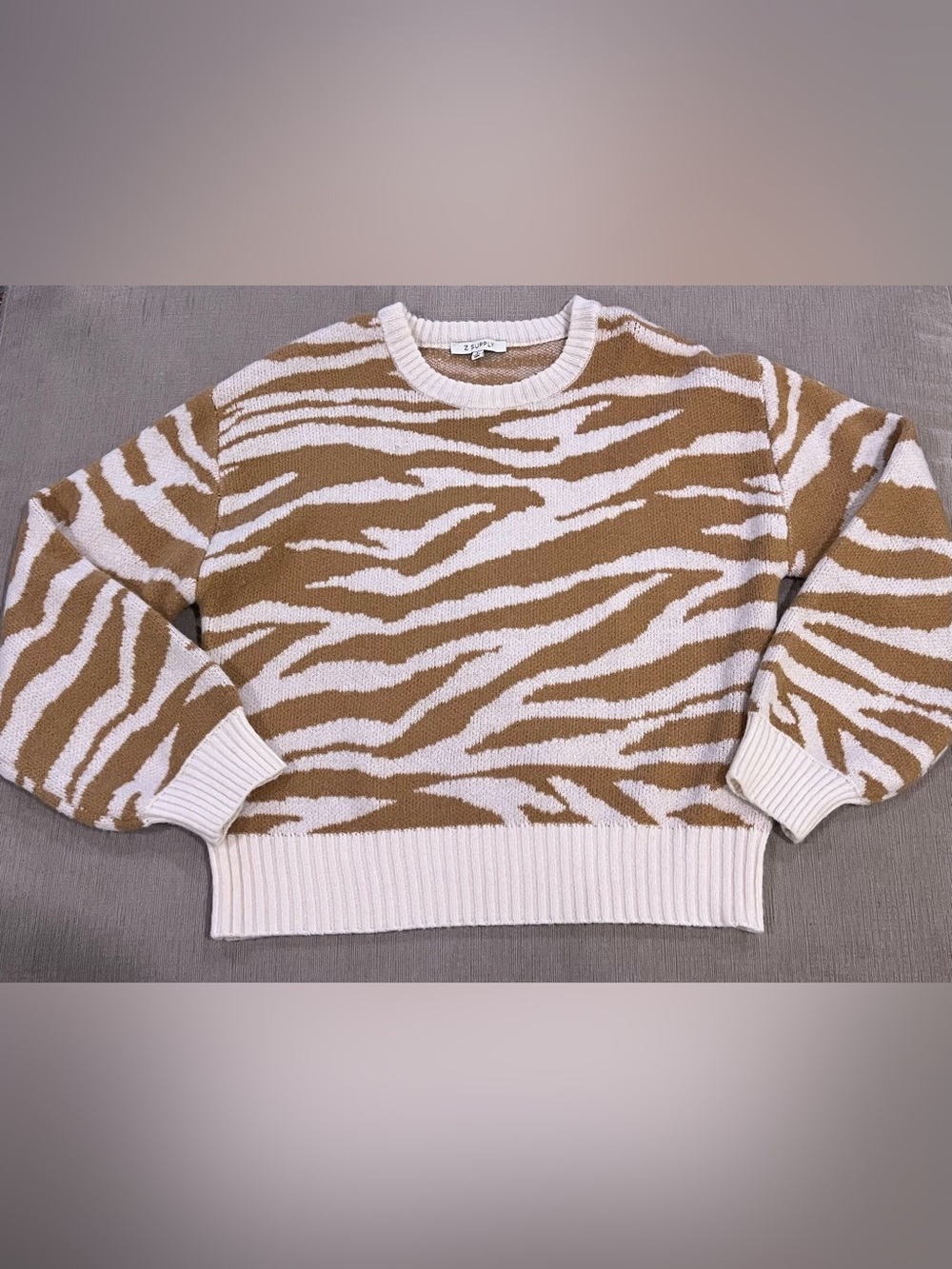 Z Supply Camel and Ivory Zebra print Crewneck Sweater size large